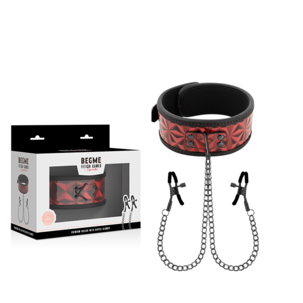 Begme - Red Edition Collar Con Cadenas Y Pinzas Pezones Con Forro De Neopreno - Imagen 2