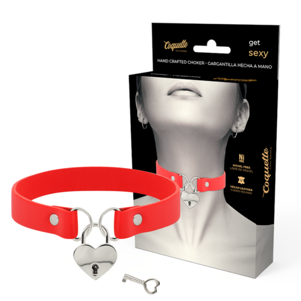Coquette Chic Desire - Collar Cuero Vegano Rojo Accesorio Corazón Con Llave - Imagen 2