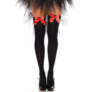 Leg Avenue - Medias Altas Negras Con Lacito Rojo Talla Unica