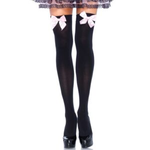 Leg Avenue - Medias Altas Negras Con Lacito Rosa Talla Unica