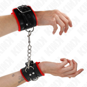 Kink - MuÑequeras Forradas Con Agujeros Cuadrados Rojo Y Correa Negro Ajustable 17-29 Cm X 6 Cm