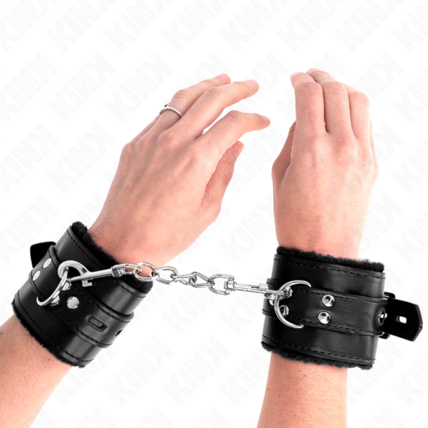 Kink - Muñequeras Forradas Con Agujeros Cuadrados Negro Y Correa Negro Ajustable 17-29 Cm X 6 Cm - Imagen 4