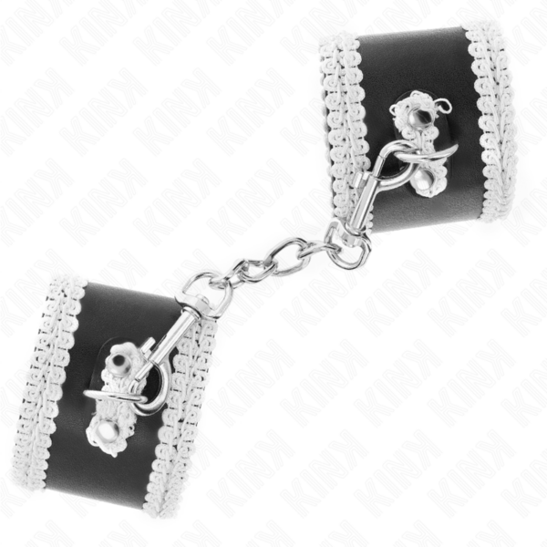 Kink - Muñequeras Negro Con Encaje Decorativo Blanco Ajustable 20-23 Cm X 5.5 Cm - Imagen 2