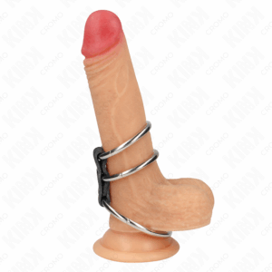 Kink - Anillo Pene Triple Metal 3.7 Cm A 5 Cm Conectados Con Cuero