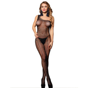 Subblime - 952037 Bodystocking de Rejilla de un Hombro con Diamantes Negro