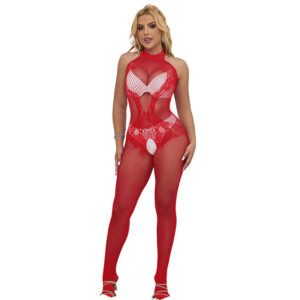 Subblime - 952372 Bodystocking Crotchless de Rejilla y Encaje con Cuello Alto Rojo