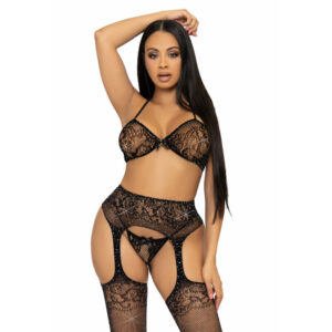 Leg Avenue - Set Tres Piezas Sujetador, Tanga y Medias Talla Unica - Negro