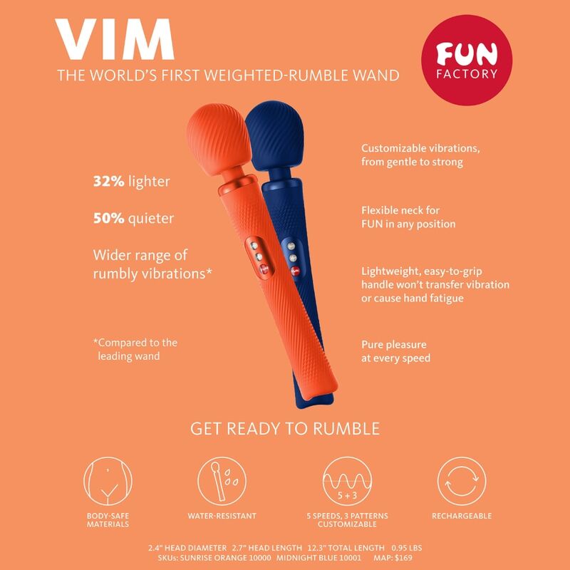 Fun Factory - Vim Wand Rumble Vibrador Recargable Silicona Naranja 6 Fun Factory - Vim Wand Rumble Vibrador Recargable Silicona Naranja - Imagen 6