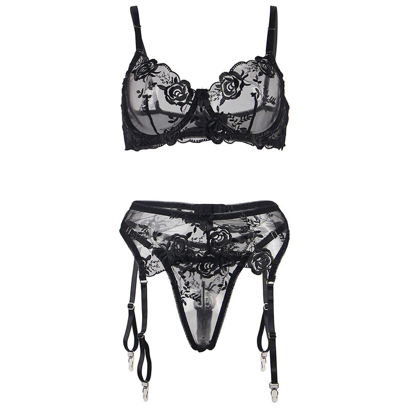 Subblime - Set De 3 Piezas Sujetador + Tanga + Liga Estampado Floral Negro 22 Subblime - Set De 3 Piezas Sujetador + Tanga + Liga Estampado Floral Negro - Imagen 22
