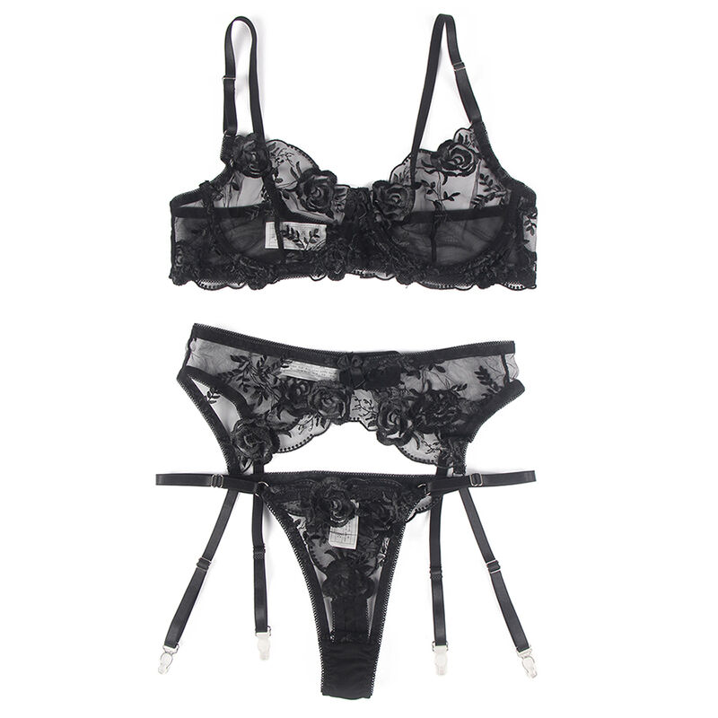 Subblime - Set De 3 Piezas Sujetador + Tanga + Liga Estampado Floral Negro 21 Subblime - Set De 3 Piezas Sujetador + Tanga + Liga Estampado Floral Negro - Imagen 21