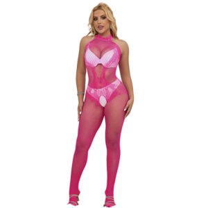 Subblime - 952389 Bodystocking Crotchless de Rejilla y Encaje con Cuello Alto Rosa