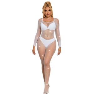 Subblime - 952396 Bodystocking de Rejilla con Diamantes Manga Larga Blanco