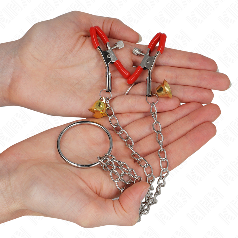 Kink - Pinzas Para Pezones Y Clítoris Rojas Con Cascabel Dorado Y Cadena 30 Cm 2 Kink - Pinzas Para Pezones Y Clítoris Rojas Con Cascabel Dorado Y Cadena 30 Cm - Imagen 2