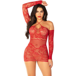 Leg Avenue - Minivestido de Rejilla con Hombros Descubiertos y Manga Larga Rojo