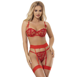 Subblime - 954321 Sujetador + Tanga + Ligueros Estampado de Corazones Rojo