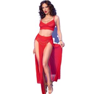 Chilirose - Cr 4850 Set Top Rojo y Leggins con Complementos Dorados