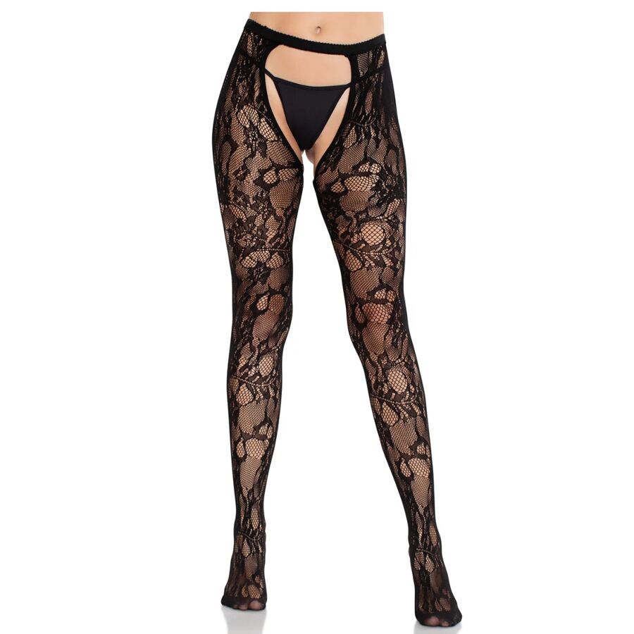 Leg Avenue - Medias De Encaje De Rosas Con Parte Trasera Abierta Negro 1 Leg Avenue - Medias De Encaje De Rosas Con Parte Trasera Abierta Negro