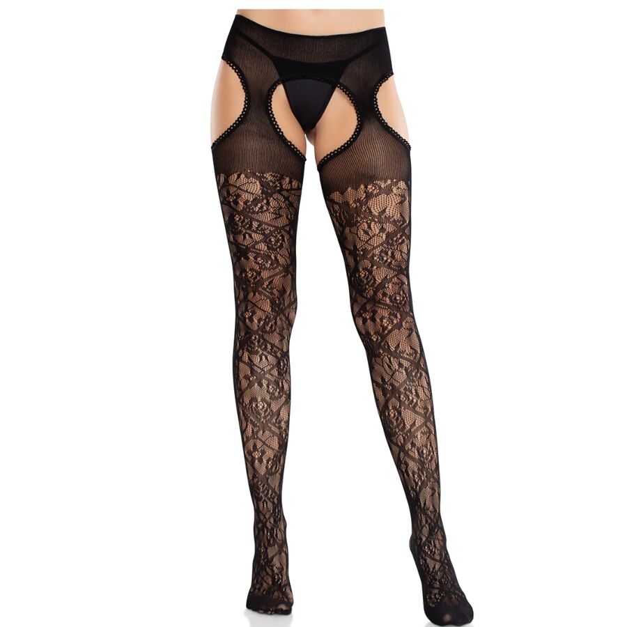 Leg Avenue - Medias De Encaje Floral Con Ligas Unidas Negro 1 Leg Avenue - Medias De Encaje Floral Con Ligas Unidas Negro