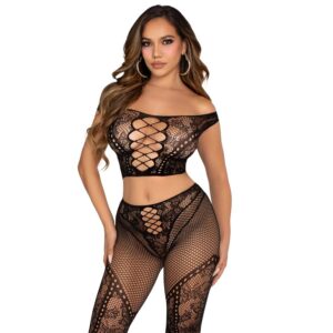 Leg Avenue - Crop Top y Legging de Rejilla con Hombros Descubiertos Negro