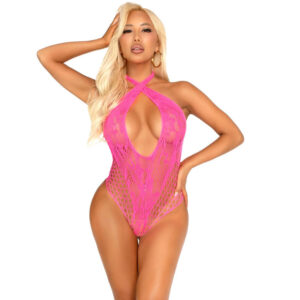 Leg Avenue - Body Cruzado Al Cuello de Encaje Rosa