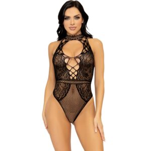 Leg Avenue - Body con Escote Halter y Abertura Espalda de Encaje